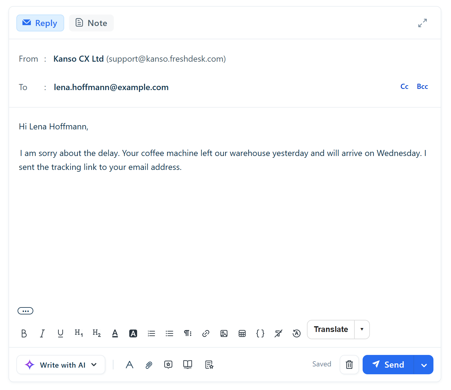 A reply before translation, with the Translate button