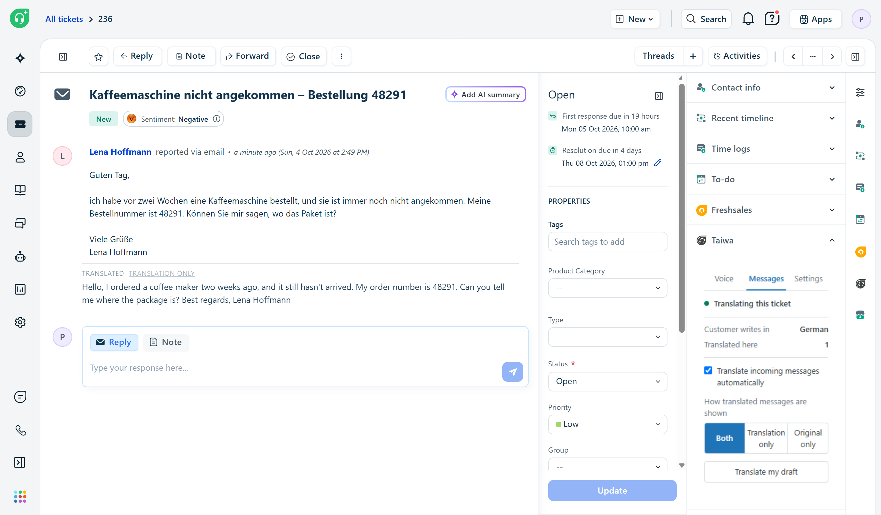 The Taiwa section in a Freshdesk ticket