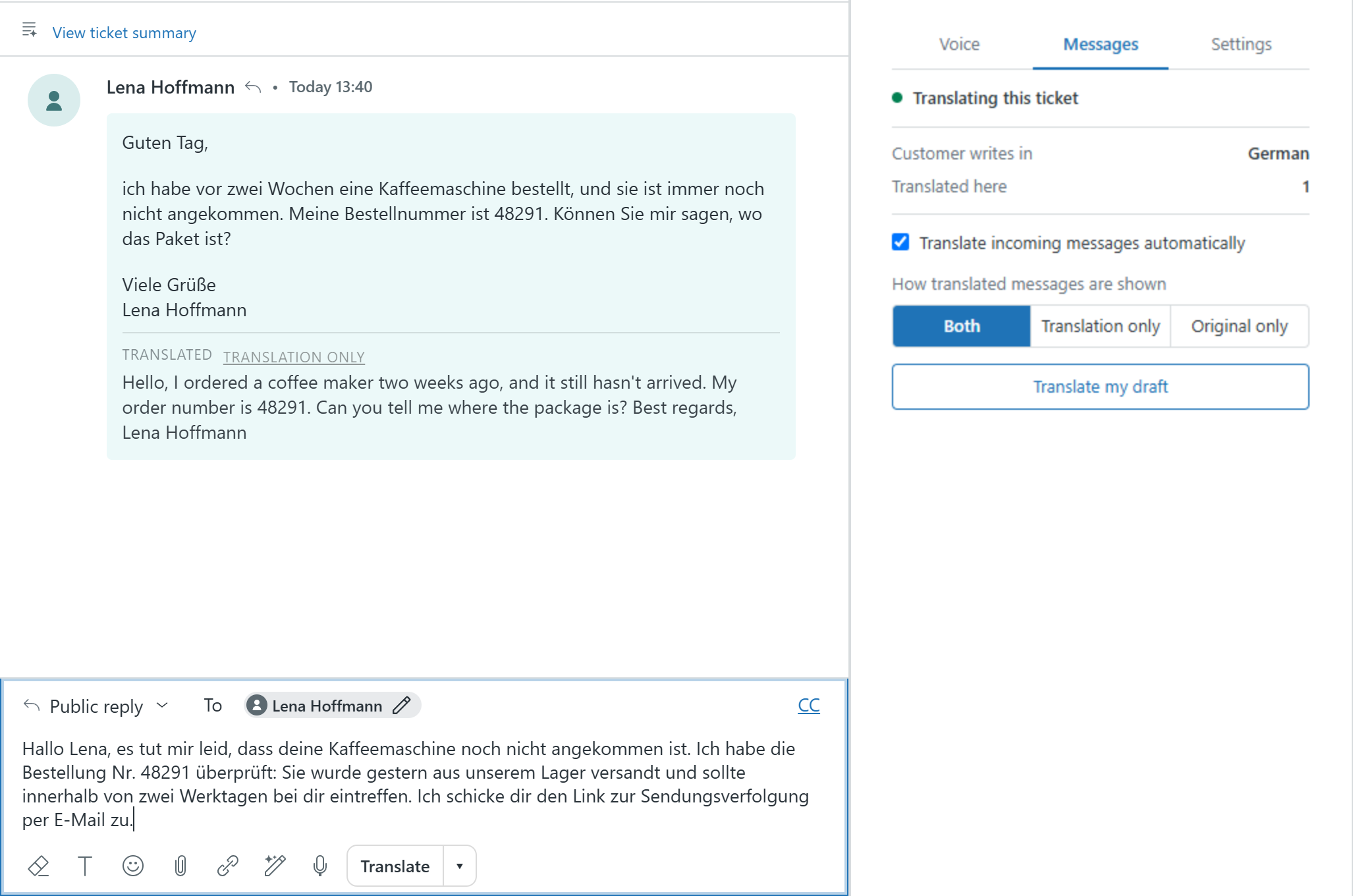 Die übersetzte Antwort im Antwortfeld