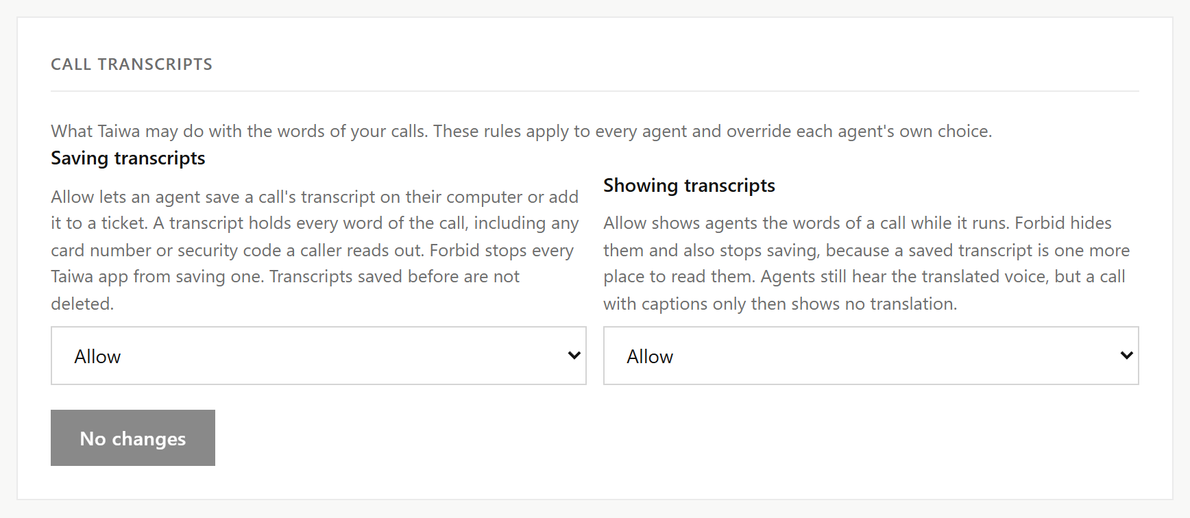 O cartão Transcrições de chamadas