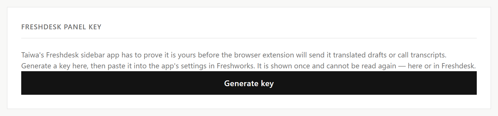 La scheda Chiave del pannello Freshdesk nel portale di amministrazione