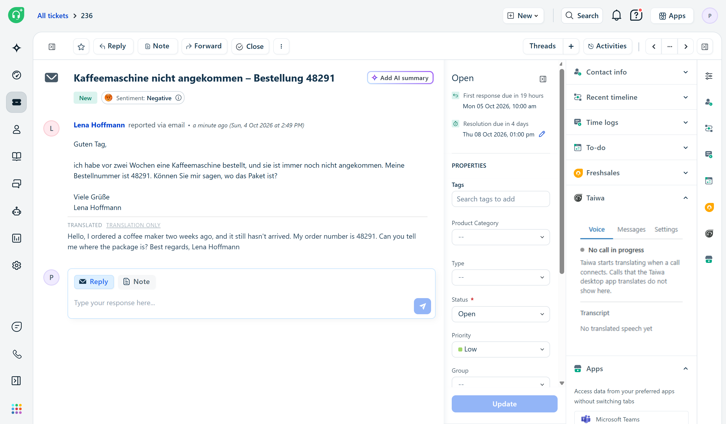 Taiwa bölümü açık bir Freshdesk bileti
